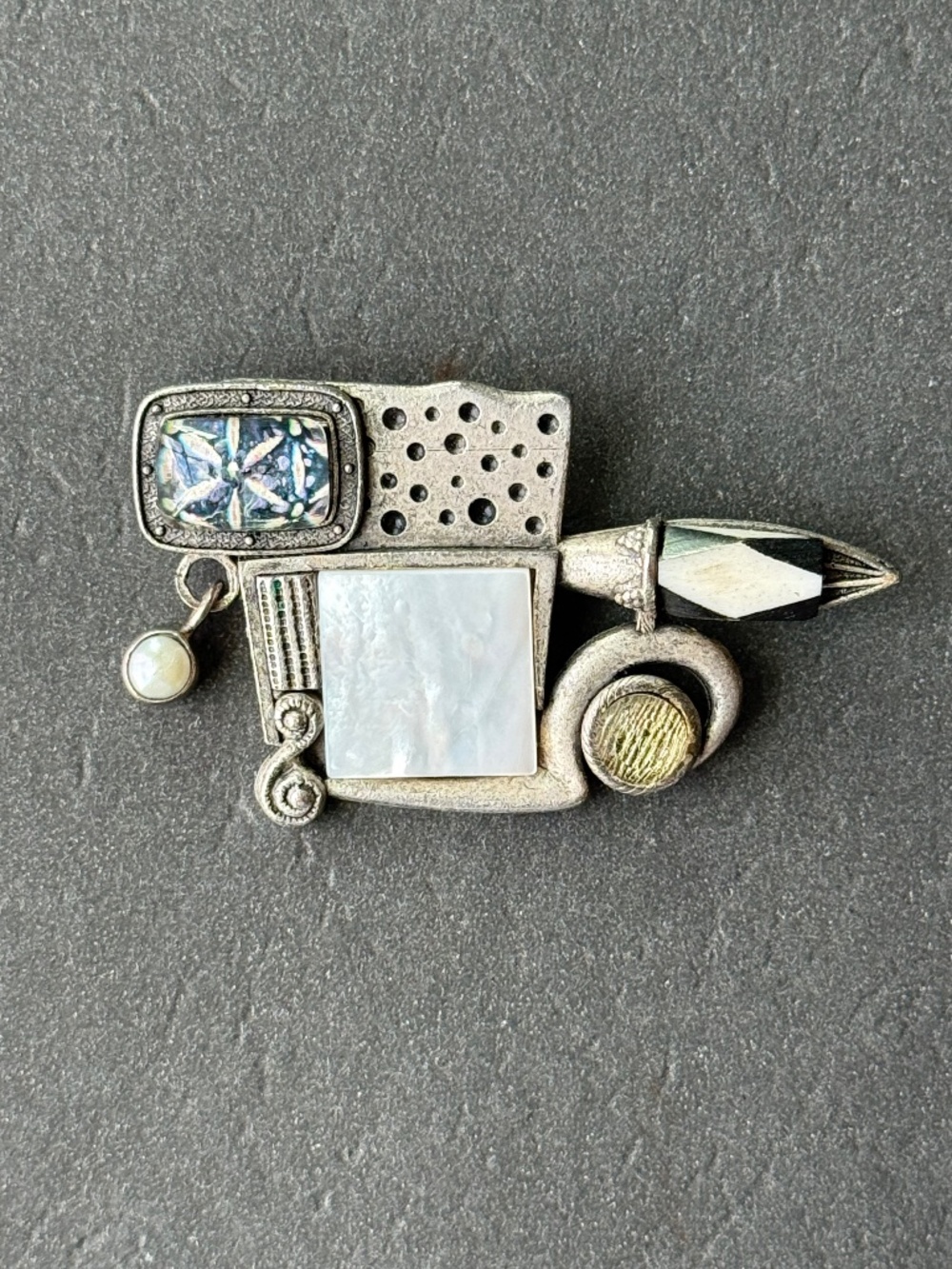 JILL SCHWARTZ ELEMENTS Found Object Assemblage Brooch Eclectic Collage Designer